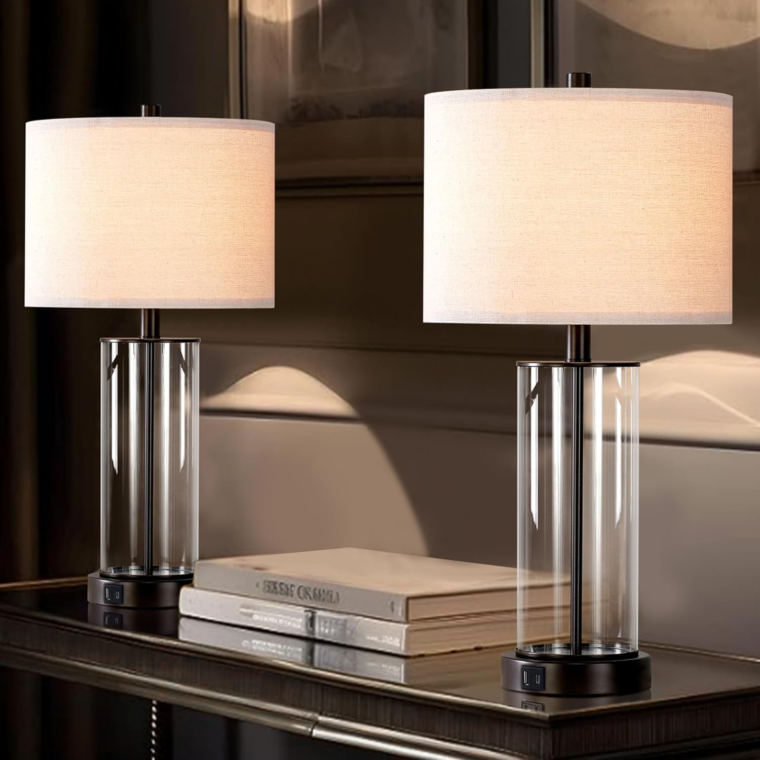 Kyrid 23.5” Glass Table Lamp Set of 2 for Living Room with USB Ports and AC Outlets(Bulbs Included)
