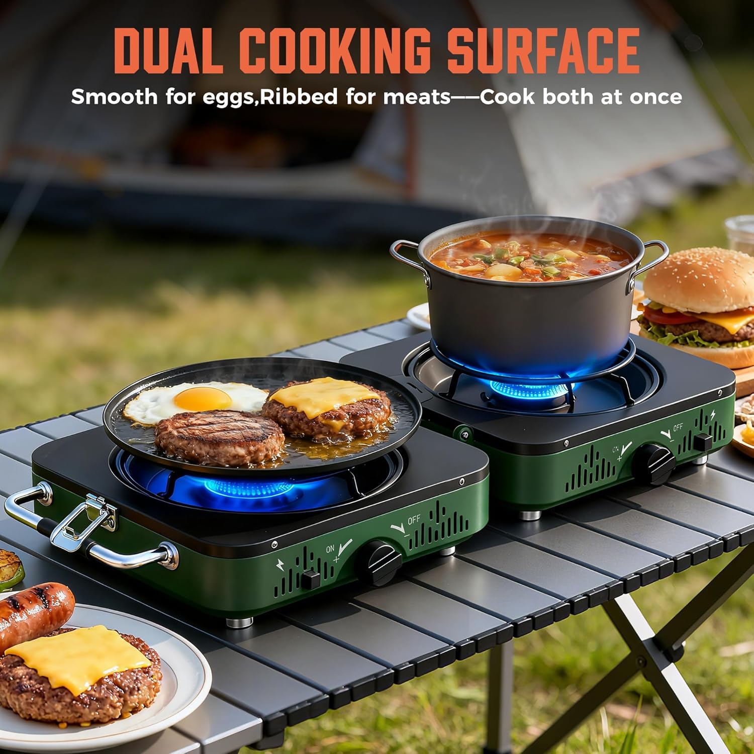 BIG HORN OUTDOORS 2 Burner Propane Camping Stove, Portable Camp Stove, Folding Gas Stove, Includes Frying Pan & Carry Bag for Camping, Emergency Use and Outdoor Cooking - Image 3