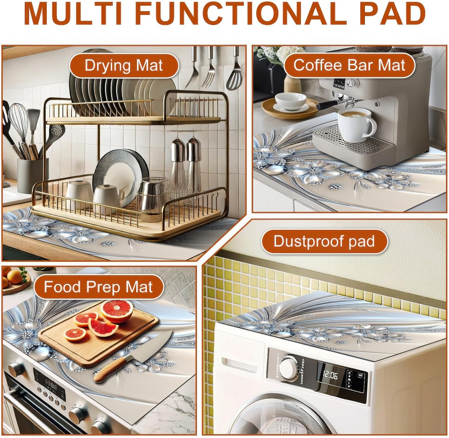 Silver Flowers Stove Top Cover for Electric 28 x 20 inches Pad Silver Flora Kitchen Decorations offee Bar Mats Pad for Stove Top, Dishes, Utensils, Countertops, Sinks - Image 9