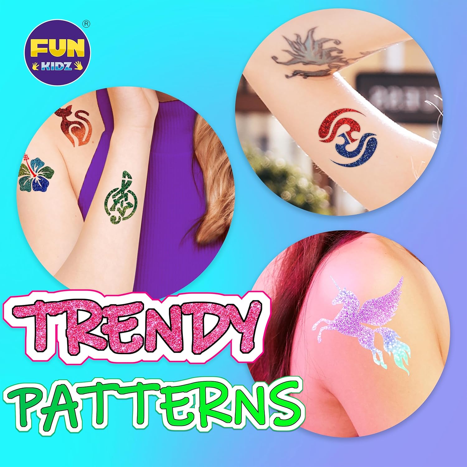 Tattoo Kit for Kids Ages 8-12, FunKidz 6 Double Tips Sparkle Brush Body Art Markers for Skin Plus Temporary Glitter Tattoo Kits With 106 Cute Tattoo Stencils Tattoo Glues Cool Presents for Tween Girls - Image 3