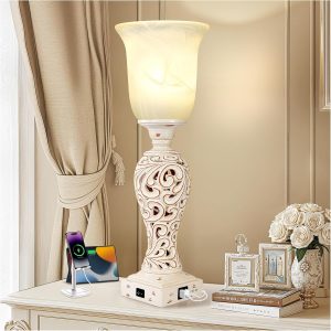 20" Bedside Lamp for Bedroom, Torchiere Table Lamp with 2 USB Charging Ports, Vintage Desk Lamp with Glass Shade, 3-Way Dimmable Bulb Included, Retro Rustic Nightstand Lamp for Living Room Entryway