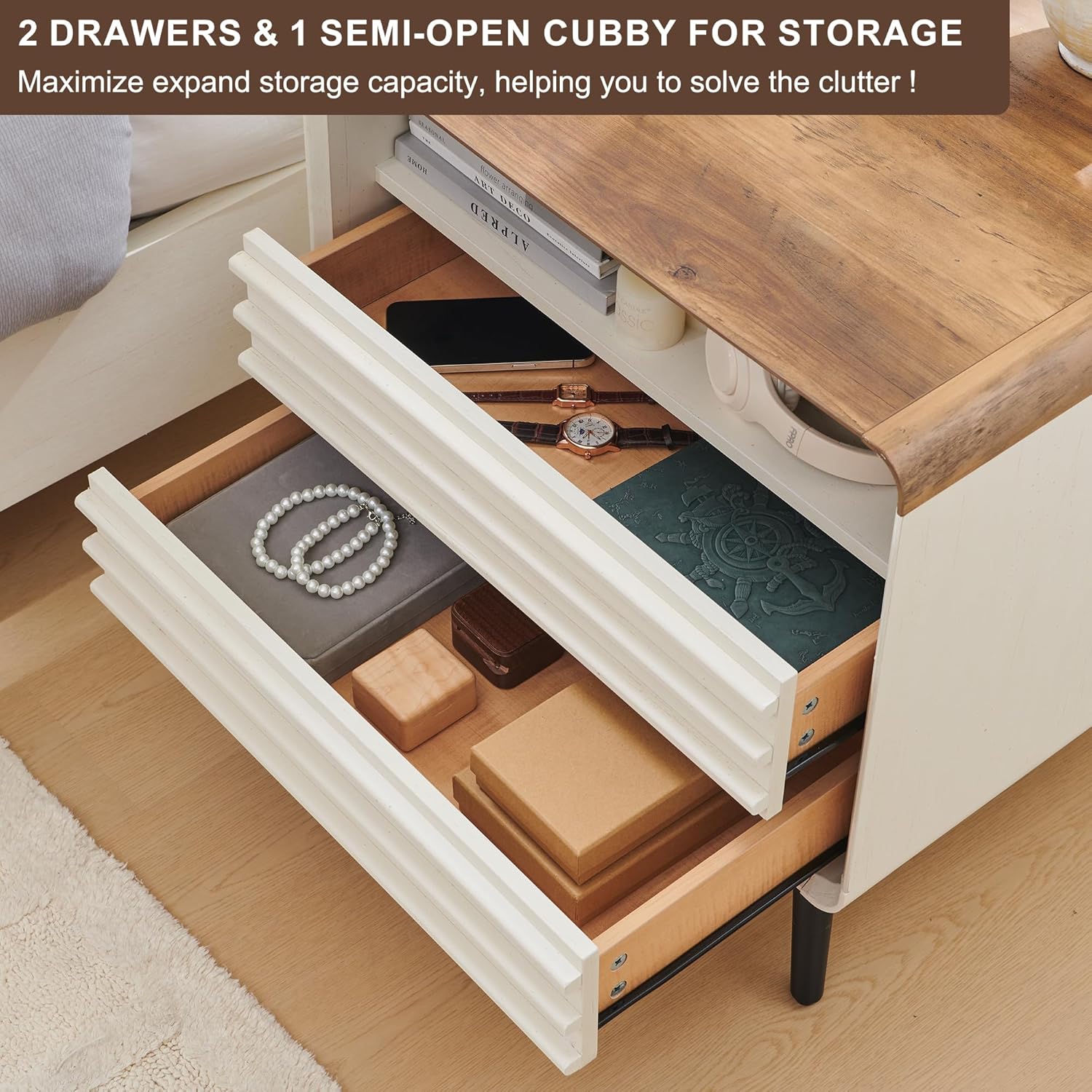 RedLemon 24" Nightstand with Charger Station, Mid Century Modern Fluted End Table with 2 Drawers, Wooden Side Table with Open Cubby Storage for Living Room, Bedroom, Office (Antuique White) - Image 3