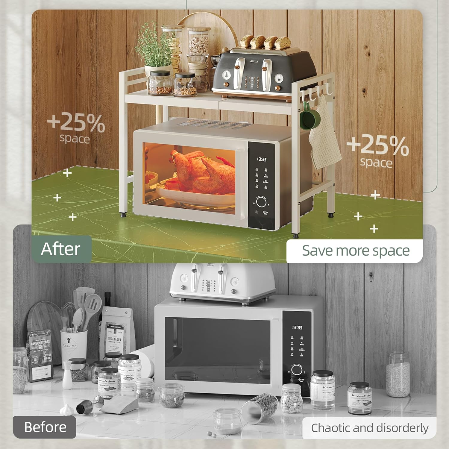 NETEL Expandable Microwave Stand,2 Tier Metal Kitchen Countertop Organizer Shelves with 8 Hooks,Bakers Rack,Microwave Shelf,Microwave Oven Rack,55lbs Weight Capacity - Image 5