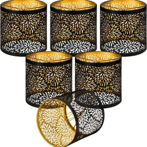 ALUCSET 6pcs Small Lamp Shades, Chandelier Shades Clip on Bulb, 5.1 x 5.1in Metal Lamp Shades Replacement, Mini Cylinder Lampshade, Black Gold Clip on Lamp Shade for Pendant Light Wall Sconces