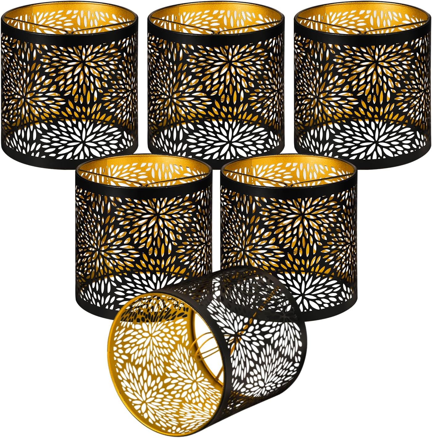 ALUCSET 6pcs Small Lamp Shades, Chandelier Shades Clip on Bulb, 5.1 x 5.1in Metal Lamp Shades Replacement, Mini Cylinder Lampshade, Black Gold Clip on Lamp Shade for Pendant Light Wall Sconces