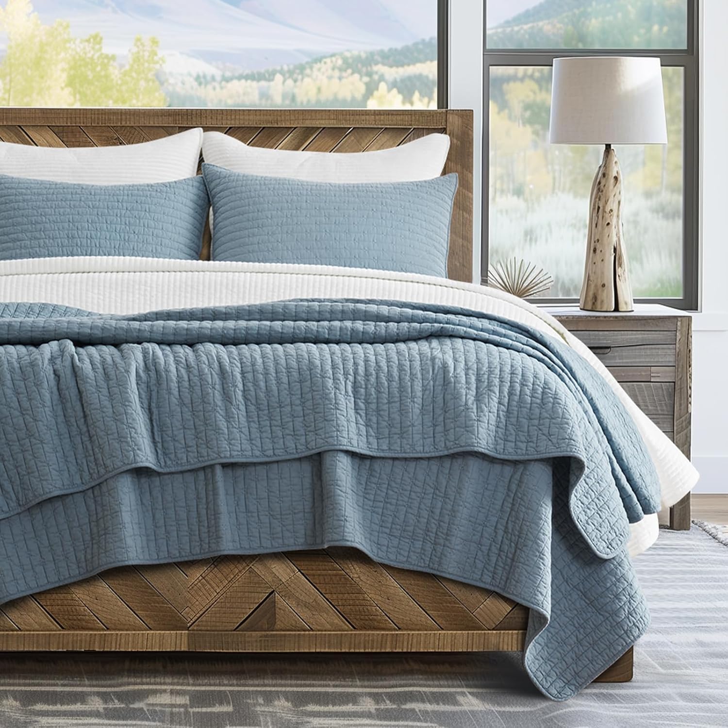 EVERGRACE x Kinsey Walsh Cross Stitch Pre-Washed Cotton Quilt Bedding Set King Size, Oversized 3 Pieces Lightweight Bedspread Coverlet for All Season, with 2 Matching Shams, Dusty Blue, 108″x96″