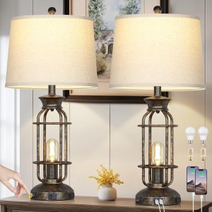 28" Vintage Table Lamps for Living Room, Industrial Farmhouse Table Lamp with USB C+A Ports & Outlet, Rustic Nightstand Bedside Lamps with 2 Night Light for Bedroom End Tables Bronze, 4 Bulbs Included