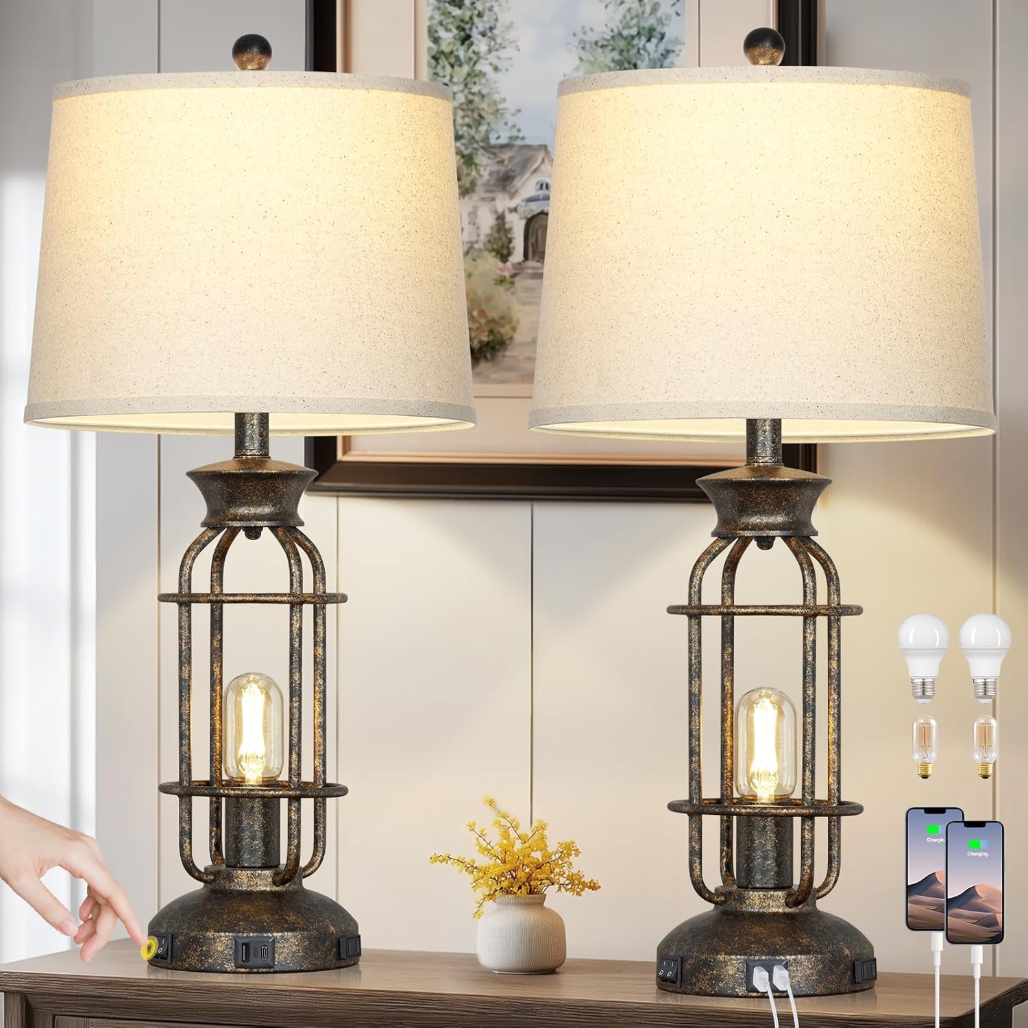 28″ Vintage Table Lamps for Living Room, Industrial Farmhouse Table Lamp with USB C+A Ports & Outlet, Rustic Nightstand Bedside Lamps with 2 Night Light for Bedroom End Tables Bronze, 4 Bulbs Included