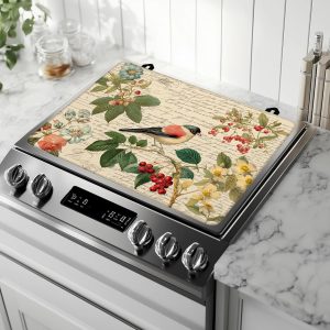 Stove Top Covers for Electric Stove,Vintage Bird Flower Floral Glass Top Cover Non-Stick Kitchen Pad for Gas Cooktop Washable Countertop Protector Mat Keep Stove Clean 28.5×20.5 in