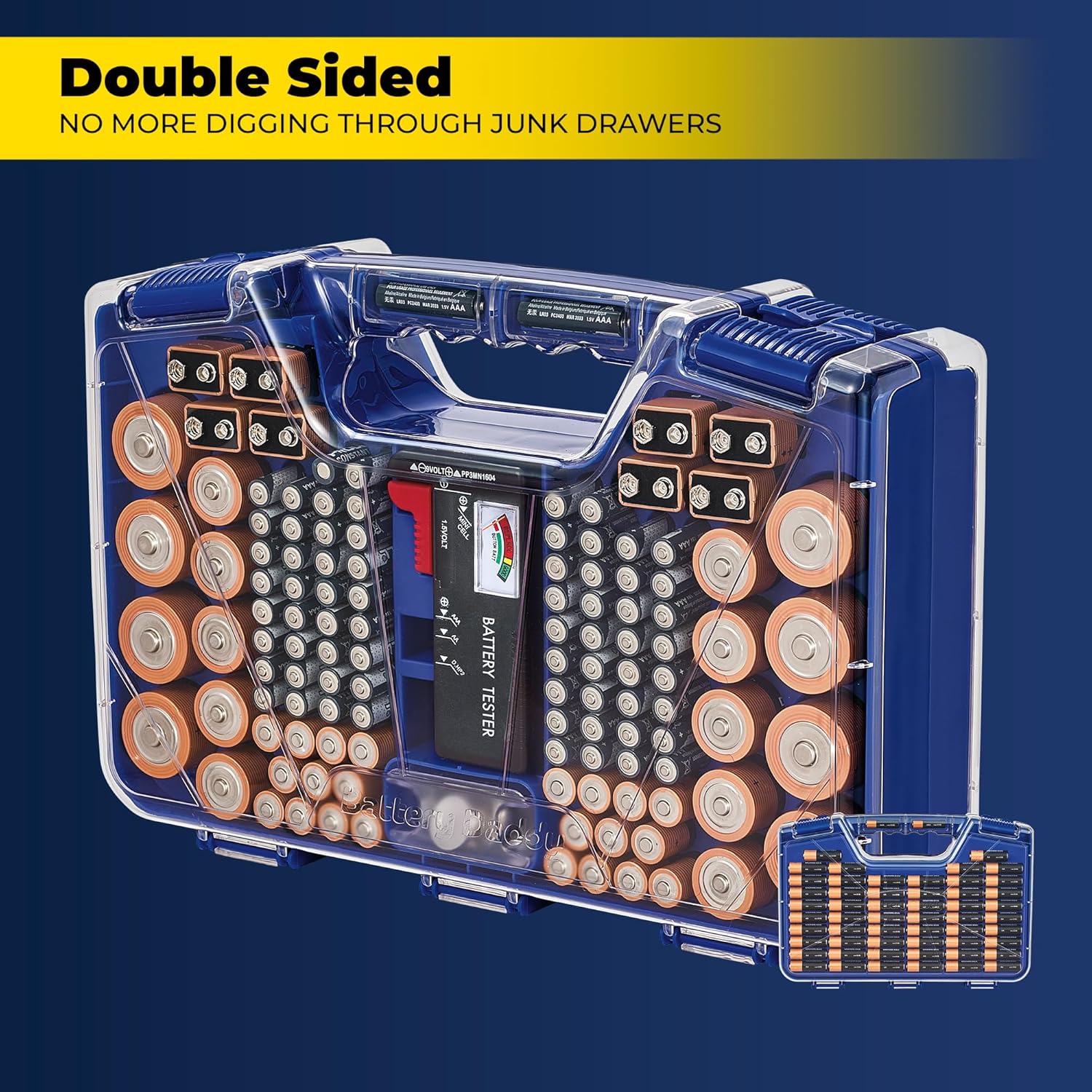 Ontel Battery Daddy Storage & Organizer Case with Tester, Stores & Protects Up to 180 Batteries, Double-Sided, Durable Design with Clear Locking Lid, Secure Latches & Portable Carrying Handle - Blue - Image 4