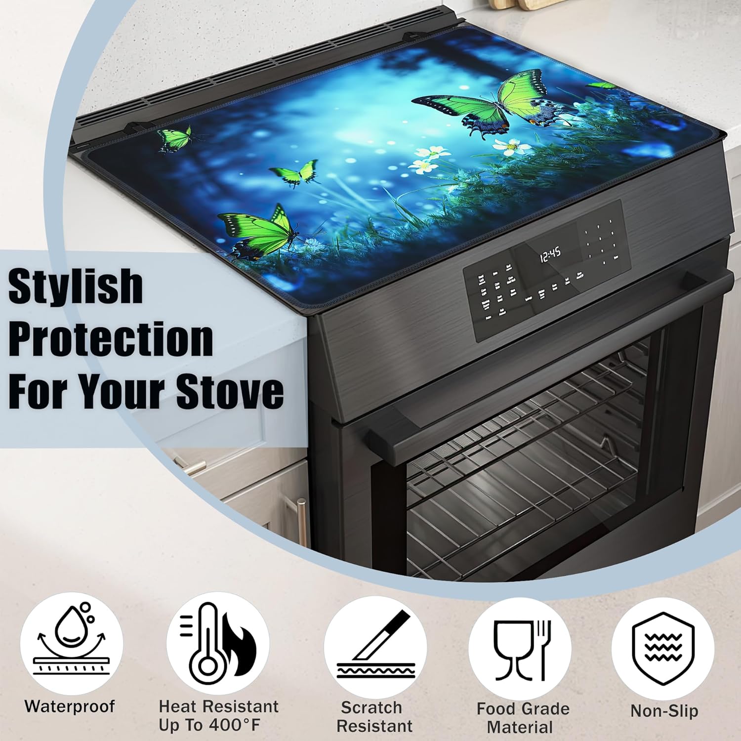 Electric Stove Top Cover,Green Butterfly Stove Cover for Glass Top Electric Stove,Mystery Forest Wildflower Heat Resistant Flat Top Stove Mat Countertop Protector, 28 x 20 Inch - Image 3