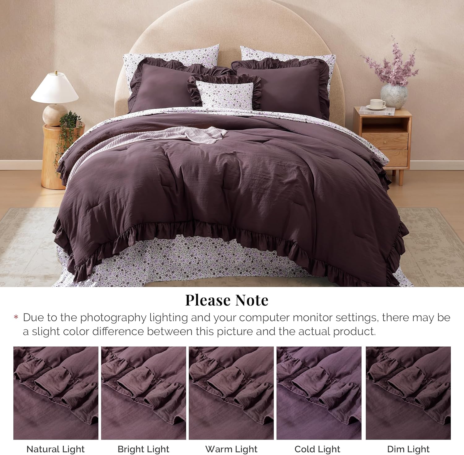 Queen Comforter Set - 7 Pieces Ruffle Purple Bedding Sets, Shabby Chic Farmhouse Bed in a Bag Queen with Ruffle Comforter, Floral Sheets, Pillowcases & Shams - Image 9