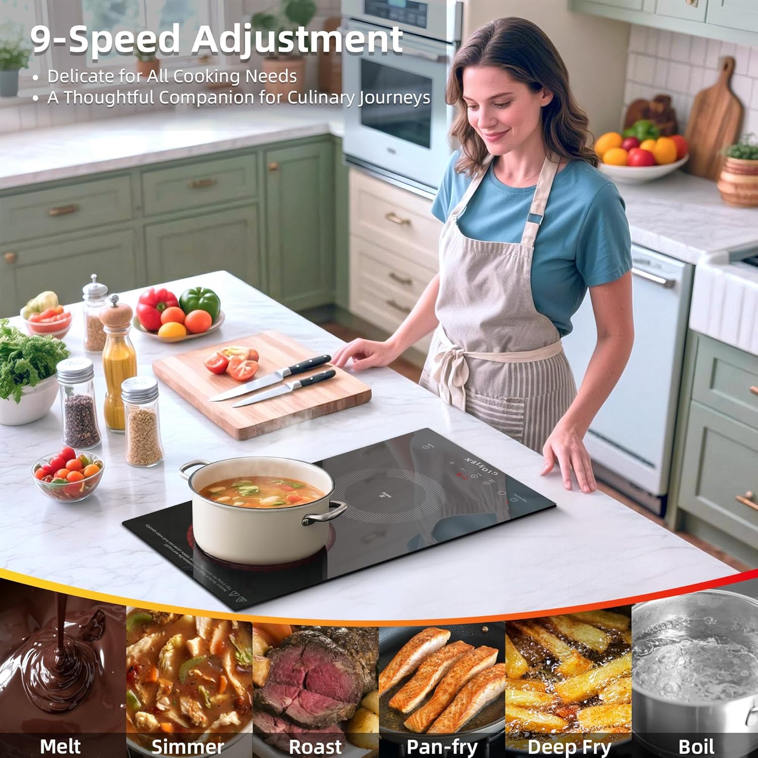 Electric Cooktop 2 Burners 110V~120V, 12'' Plug in Electric Stove Top,Countertop or Built-in,Ceramic Glass,Sensor Touch Control,Timer,9 Power Levels,Portable,1800W - Image 7