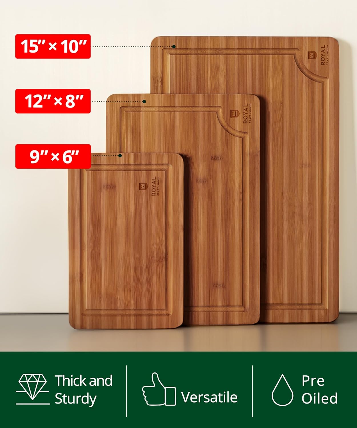 ROYAL CRAFT WOOD Wooden Cutting Boards for Kitchen Meal Prep & Serving - Bamboo Wood Serving Board Set with Deep Juice Groove Side Handles - Charcuterie & Chopping Butcher Block for Meat (3 Pcs) - Image 4