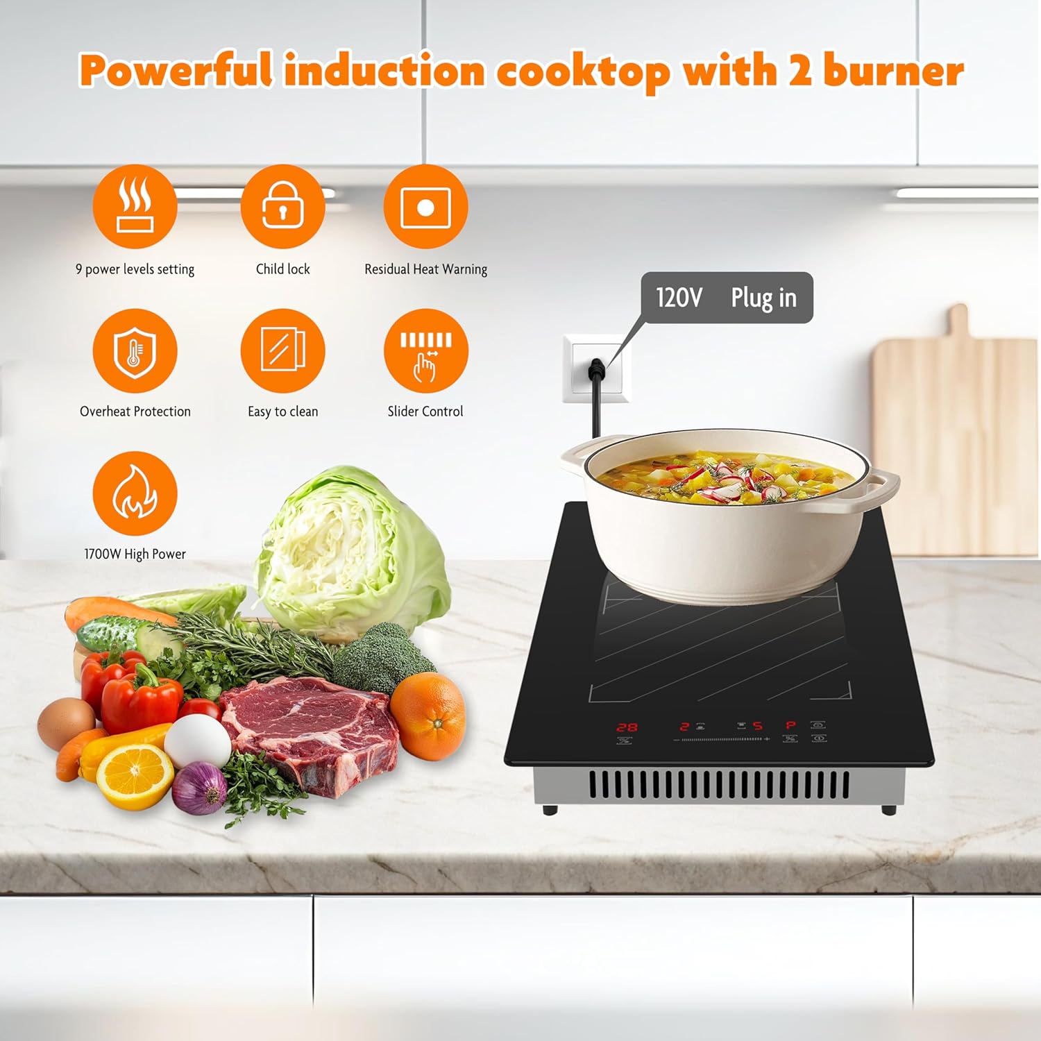 12 Inch Induction Cooktop 2 Burners, 1700W Built-in & Countertop Electric Stove with Plug, Slide Control, 9 Power Levels, Timer & Child Lock, 120V for Fast Heating - Image 2