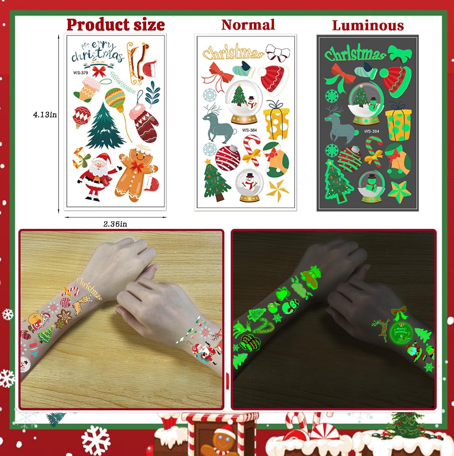 Luminous Christmas Temporary Tattoos 12 Sheets, Christmas Stocking Stuffers, Glow in the Dark Tattoos Stickers, Christmas Party Favors Decorations Supplies Gifts - Image 2