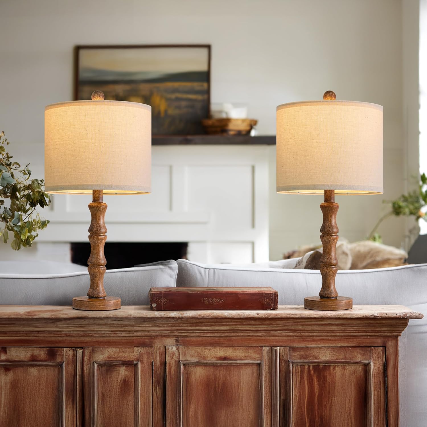 BOBOMOMO 20.5" Rustic Table Lamps Set of 2, Farmhouse Nightstand Lamp with Wood Grain Resin Base & Linen Shade, Small Bedside Lamp for Bedroom, Living Room & Apartment Décor- Ideal for Small Spaces - Image 6