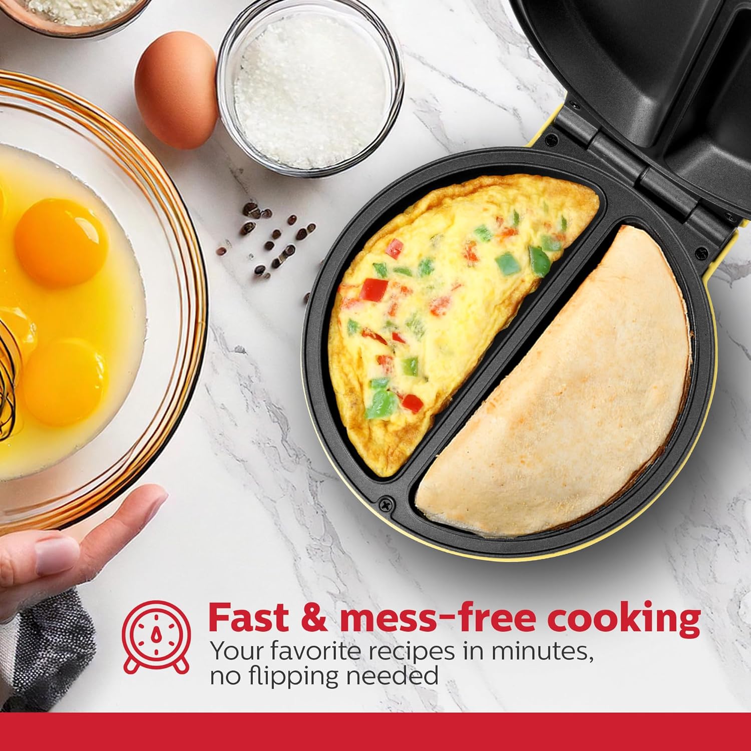 Holstein Housewares Stainless Steel 2 Section Omelet & Frittata Maker, Non Stick Coating, Easy To Clean, Indicator Lights, Compact Storage, Prepare Versatile Recipes in Minutes. 2 Portions, Yellow - Image 2