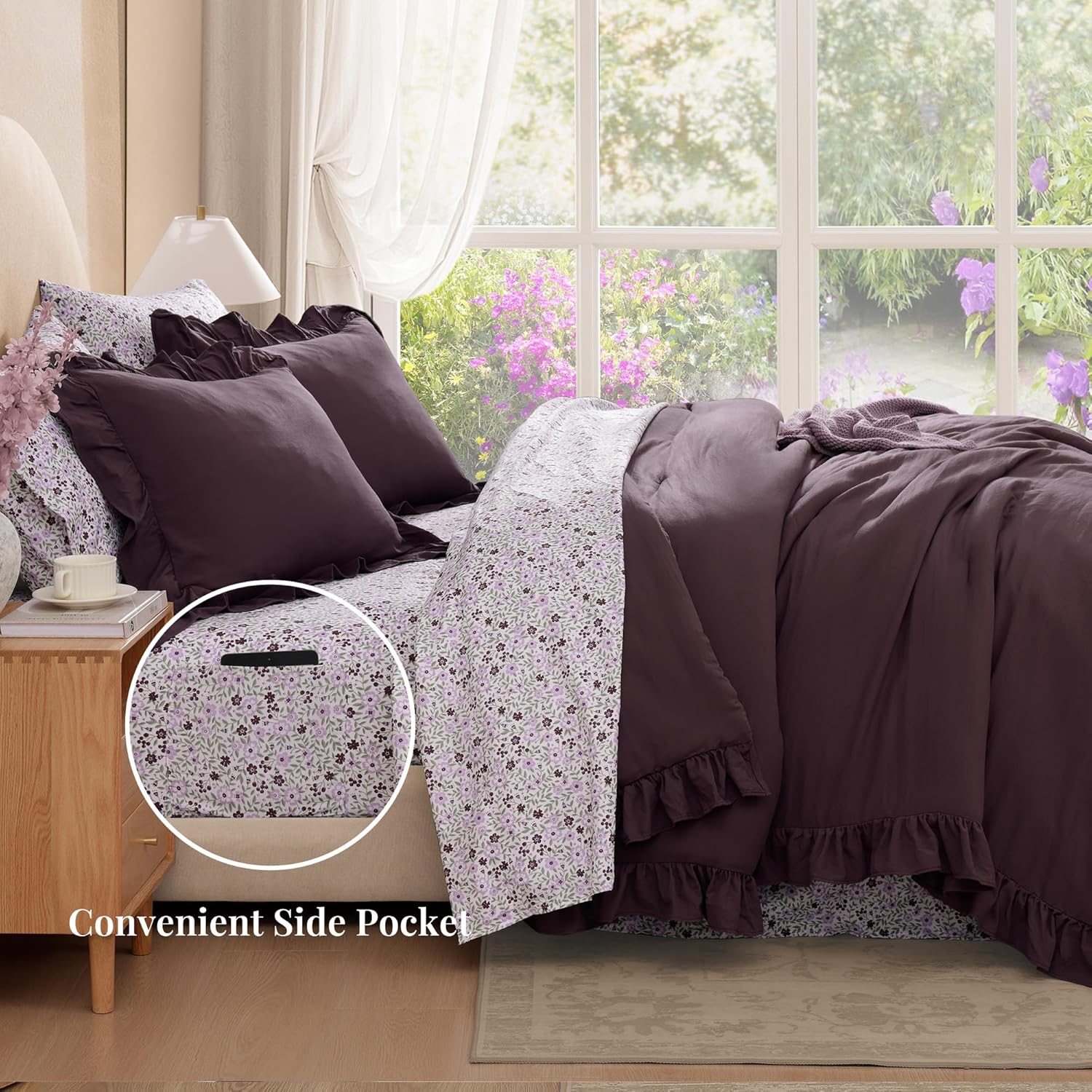 Queen Comforter Set - 7 Pieces Ruffle Purple Bedding Sets, Shabby Chic Farmhouse Bed in a Bag Queen with Ruffle Comforter, Floral Sheets, Pillowcases & Shams - Image 3