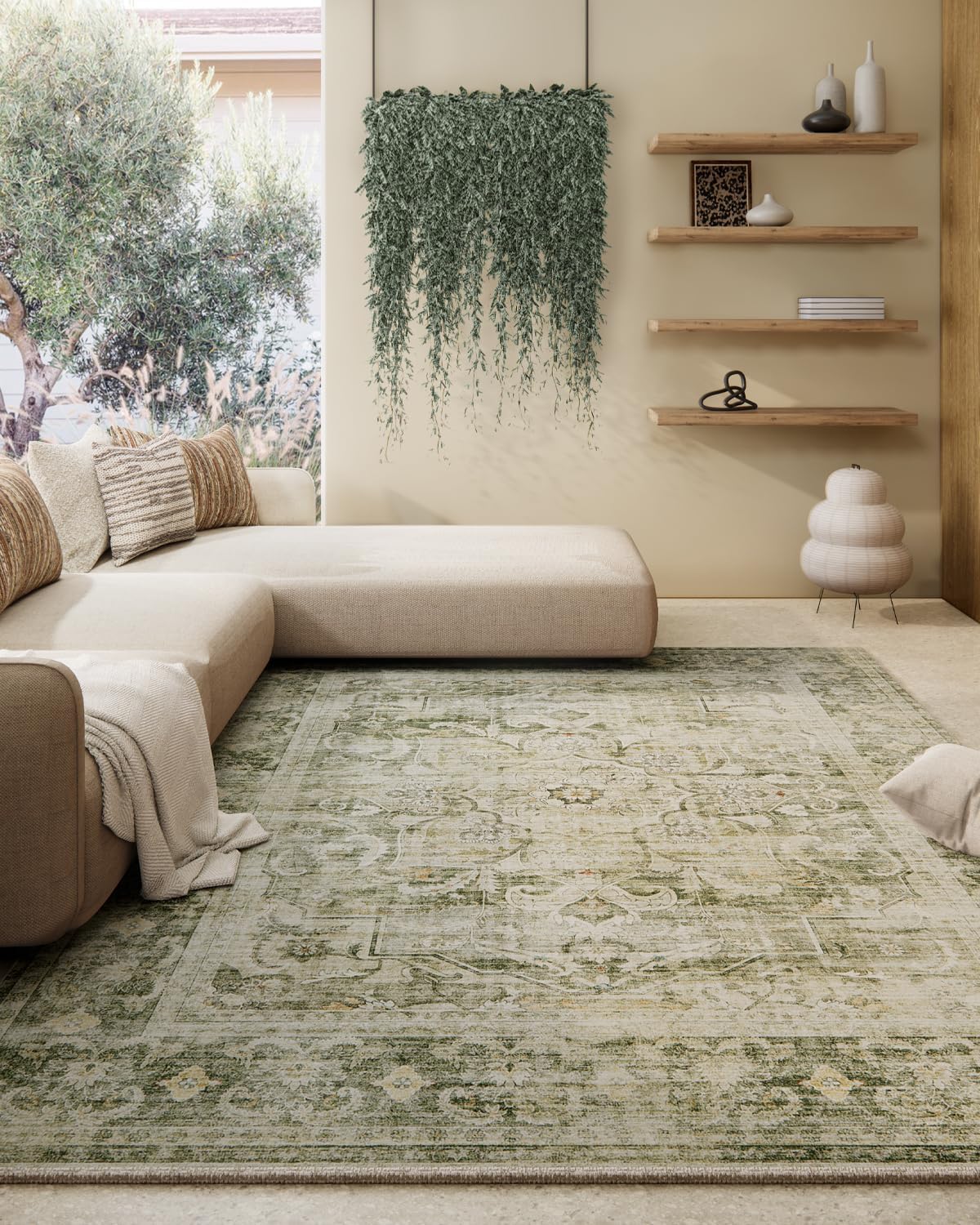 Machine Washable Living Room Rug: 5’x7′ Bedroom Area Rug Boho Vintage Large Rugs Stain Resistant Non Slip Low Pile Faux Wool Soft Rug for Dining Room Bedside Kitchen Entryway Nursery Home Office