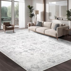 Washable 8×10 Area Rug for Living Room, Vintage Floral Rug Soft Non Slip Stain Resistant Boho Carpet for Bedroom Dinning Room Kitchen Home Office Grey