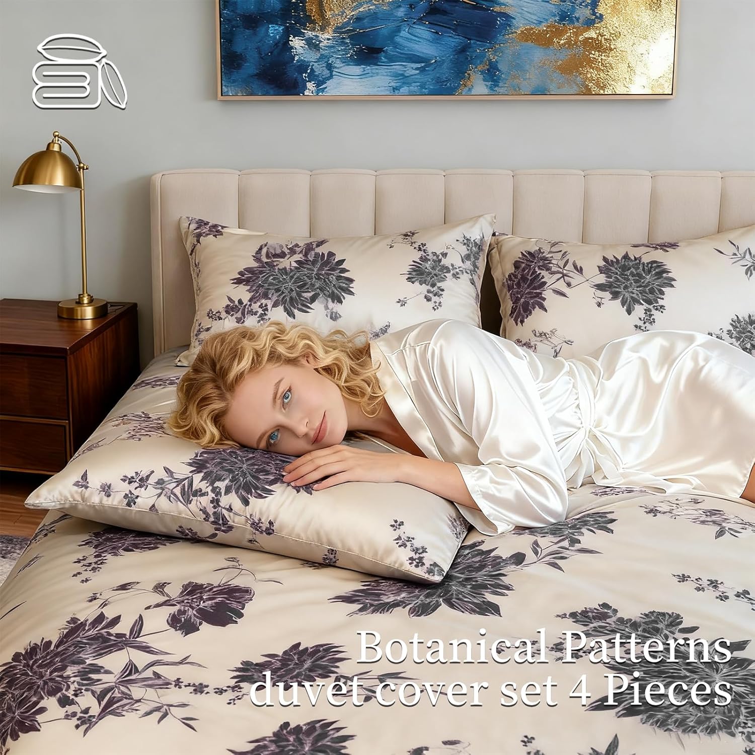 Large Bed Set - Floral Pattern Bed Set, 4-Piece Bedding, 1 Soft Plant Floral Duvet Cover, 1 Comfortable Plant Bed Sheet, and 2 Pillowcases (Cream, King 104 * 90) - Image 2