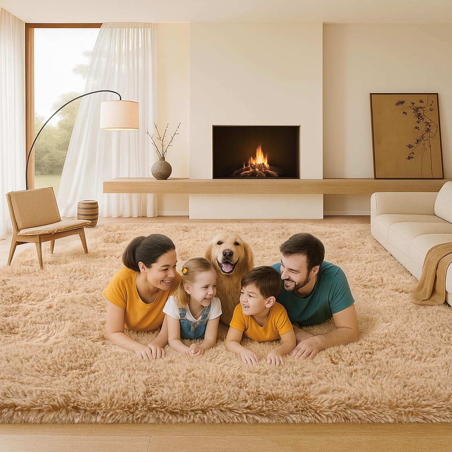 8x10 Area Rugs Living Room, Beige Large Plush Fluffy Bedroom Carpet, Non-Slip Upgraded Indoor Thick Soft Rug, Modern Plush Carpet Suitable for Kids Home Decor Aesthetics Dorm. - Image 3