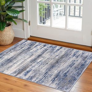 KOZYFLY Modern Abstract Rugs for Entryway 2x3, Washable Kitchen Rug Non-Slip Soft Small Bathroom Rug, Grey-Blue Striped Entryway Rugs Abstract Faux Wool Doormat for Bedside Entrance Bedroom Sink