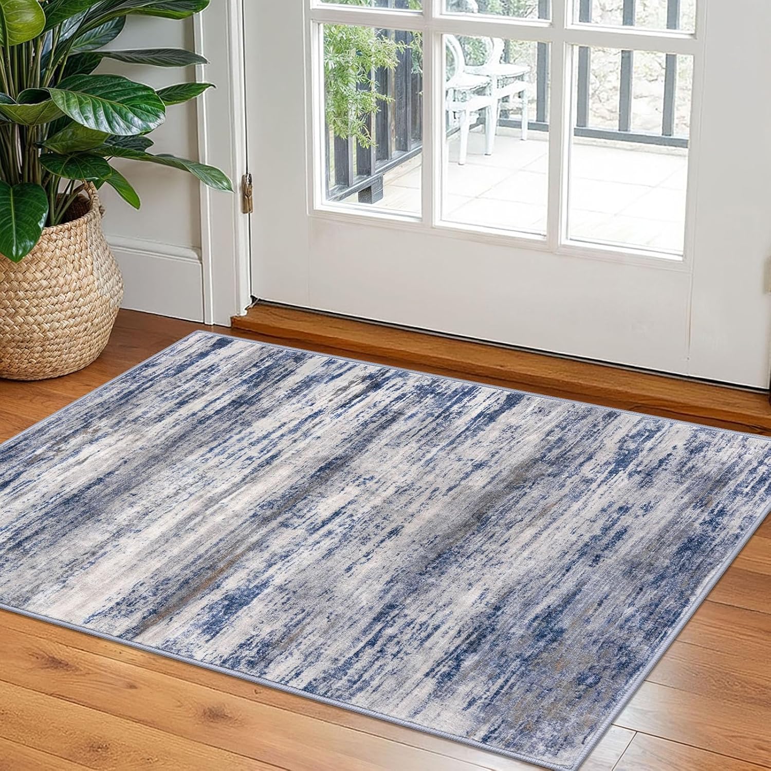 KOZYFLY Modern Abstract Rugs for Entryway 2×3, Washable Kitchen Rug Non-Slip Soft Small Bathroom Rug, Grey-Blue Striped Entryway Rugs Abstract Faux Wool Doormat for Bedside Entrance Bedroom Sink