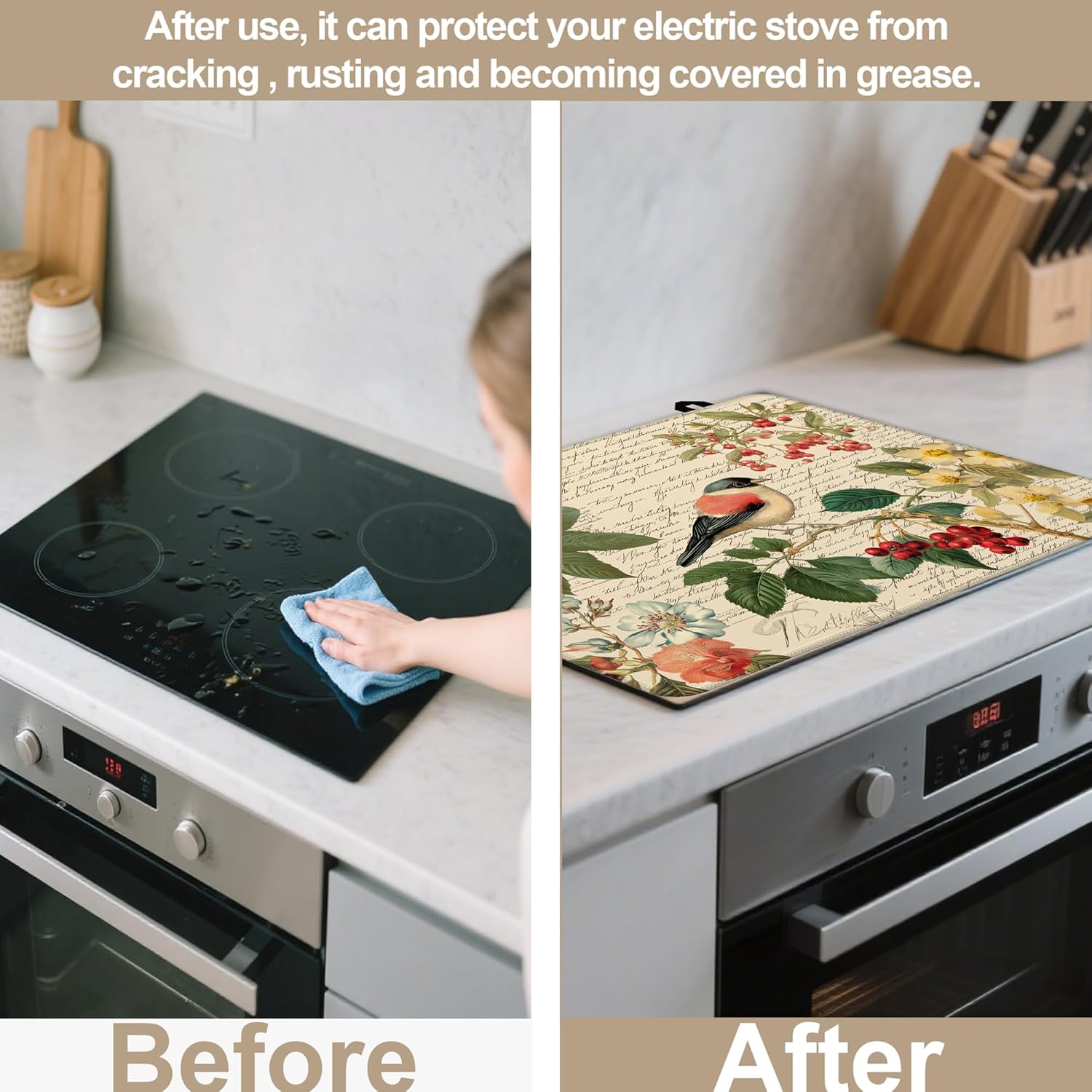 Stove Top Covers for Electric Stove,Vintage Bird Flower Floral Glass Top Cover Non-Stick Kitchen Pad for Gas Cooktop Washable Countertop Protector Mat Keep Stove Clean 28.5×20.5 in - Image 7