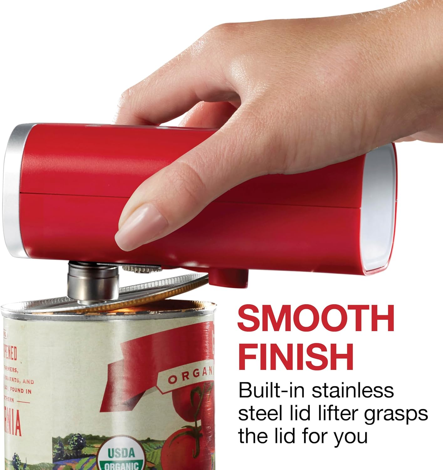 Proctor Silex Automatic Electric Can Opener, Hands Free Cordless Operation & USB Rechargeable, Self-Aligning, Cut Smooth Touch Lid Edges, Compact and Easy to Store, Red - Image 6