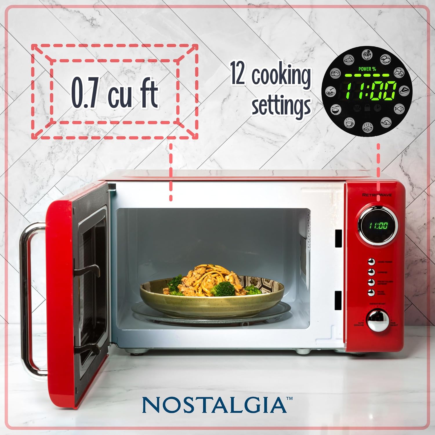 Nostalgia Retro Compact Countertop Microwave Oven - 0.7 Cu. Ft. - 700-Watts with LED Digital Display - Child Lock - Easy Clean Interior - Red - Image 2