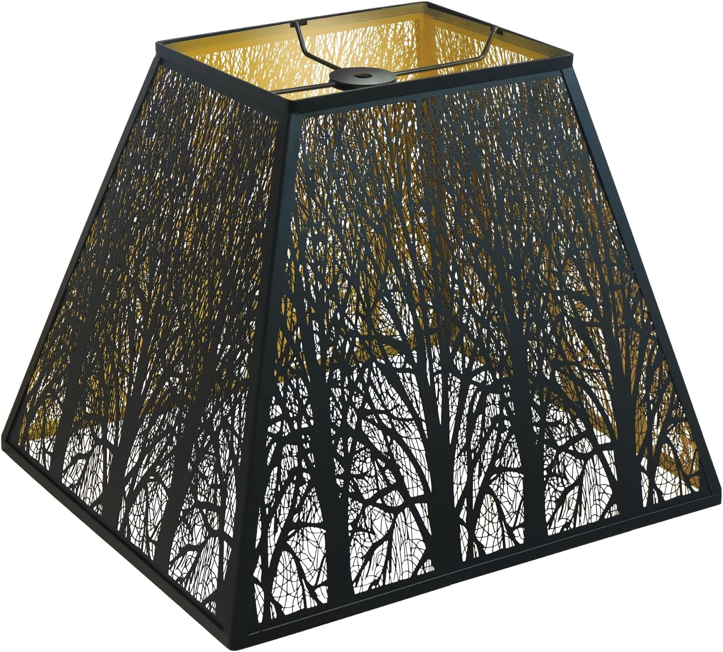 Large Metal Lampshade New Pyramid Shape Design 8” Top 14” Bottom 11” Height ALUCSET Square Bell Shade Lamp Shade Forest Design Black and Gold fits for Table Lamps and Floor Lamps