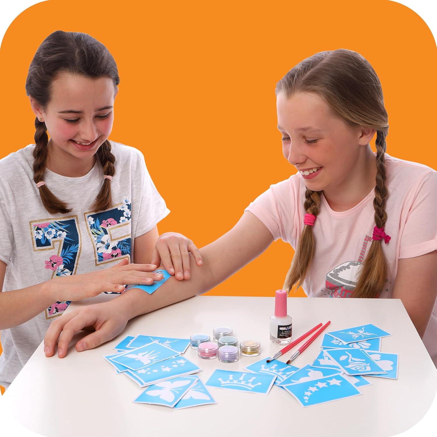 Original Stationery Glitter Tattoo Kit for Girls, 33-Piece Set with 24 Stencils, 6 Glitter Colors, Brushes & Adhesive, Creative Body Art Activity, Christmas Gift & Fun Holiday Party Supply - Image 4