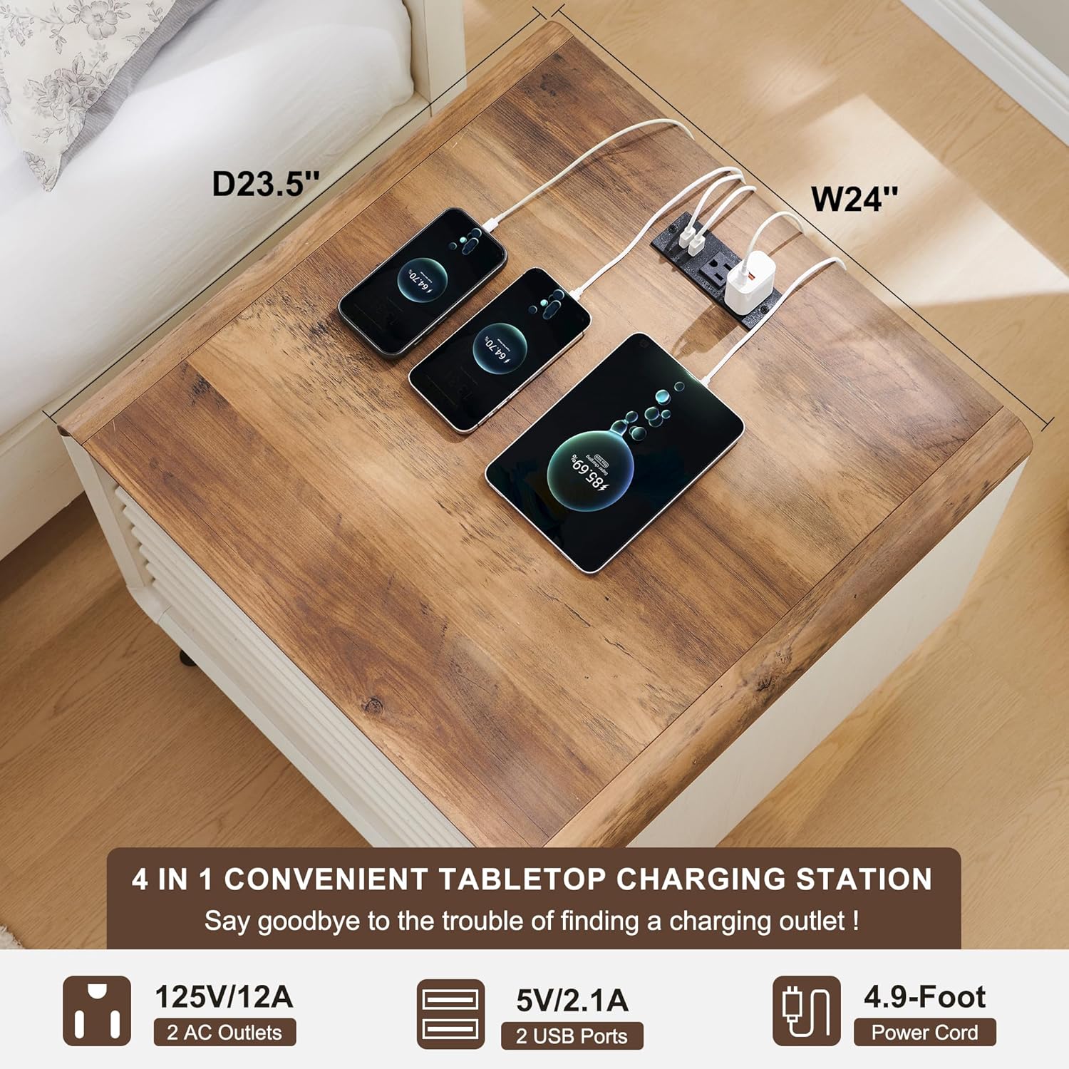 RedLemon 24" Nightstand with Charger Station, Mid Century Modern Fluted End Table with 2 Drawers, Wooden Side Table with Open Cubby Storage for Living Room, Bedroom, Office (Antuique White) - Image 4