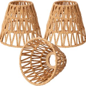 6 Pcs Small Rattan Bell Lamp Shade Boho Handwoven Barrel Rattan Chandelier Shades Replacement for Table Floor Lamp Pendant Light Fixtures, 5.5" H x 5.9" D, 2.76" Fitter