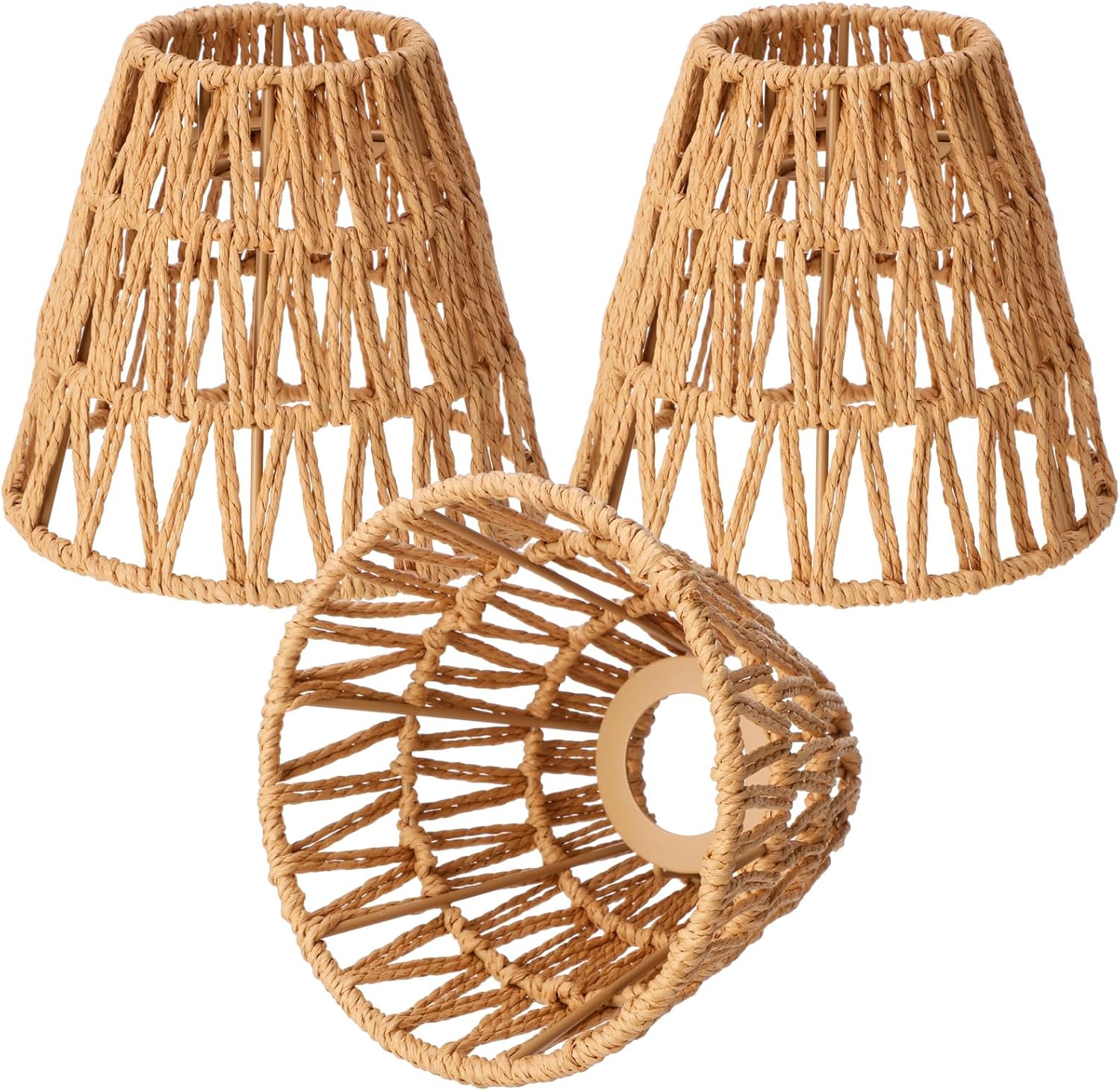 6 Pcs Small Rattan Bell Lamp Shade Boho Handwoven Barrel Rattan Chandelier Shades Replacement for Table Floor Lamp Pendant Light Fixtures, 5.5″ H x 5.9″ D, 2.76″ Fitter