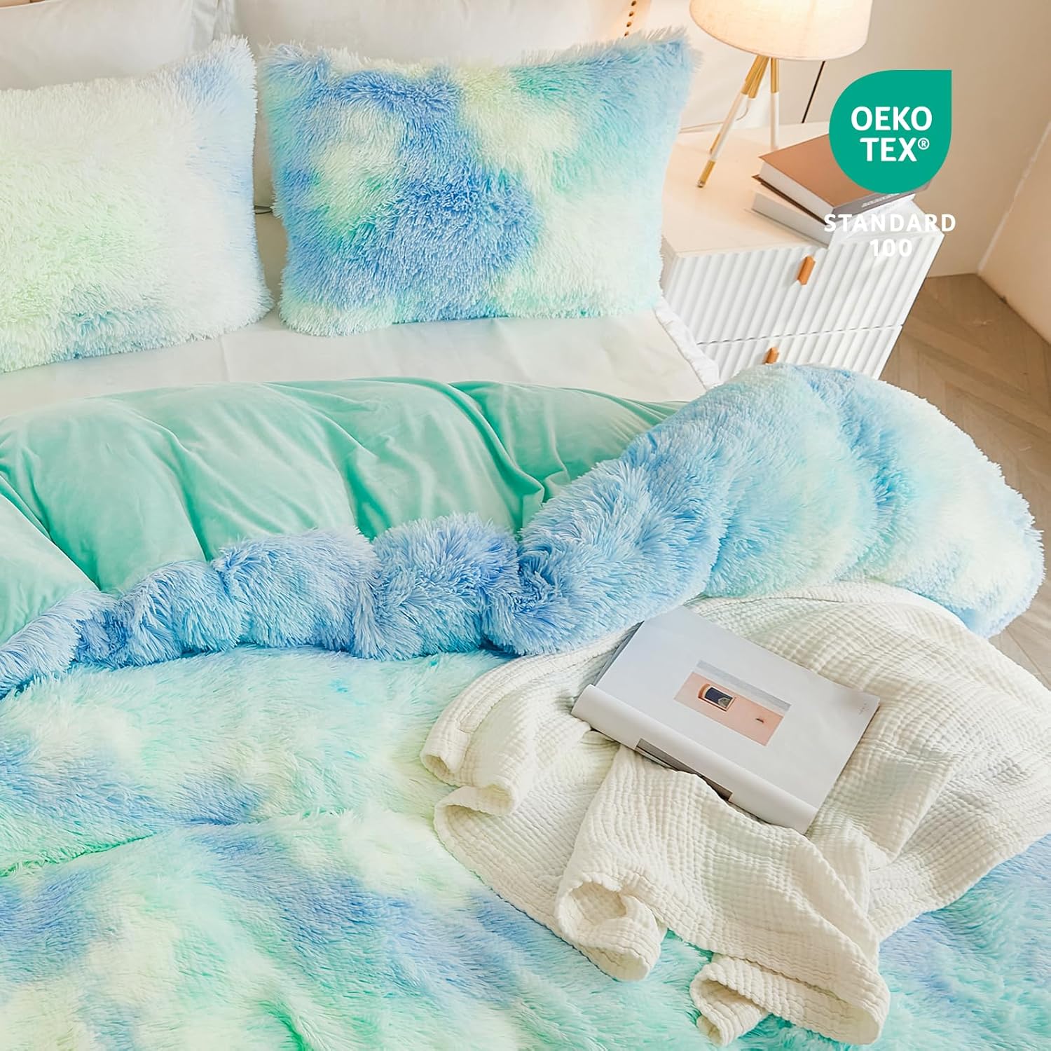 EMME Luxury Blue Fuzzy Duvet Cover Set Twin Size Fluffy Comforter Cover Set 2 Pieces Shaggy and Plush Soft Bedding Duvet Covers (Tie Dye Blue, Twin) - Image 2