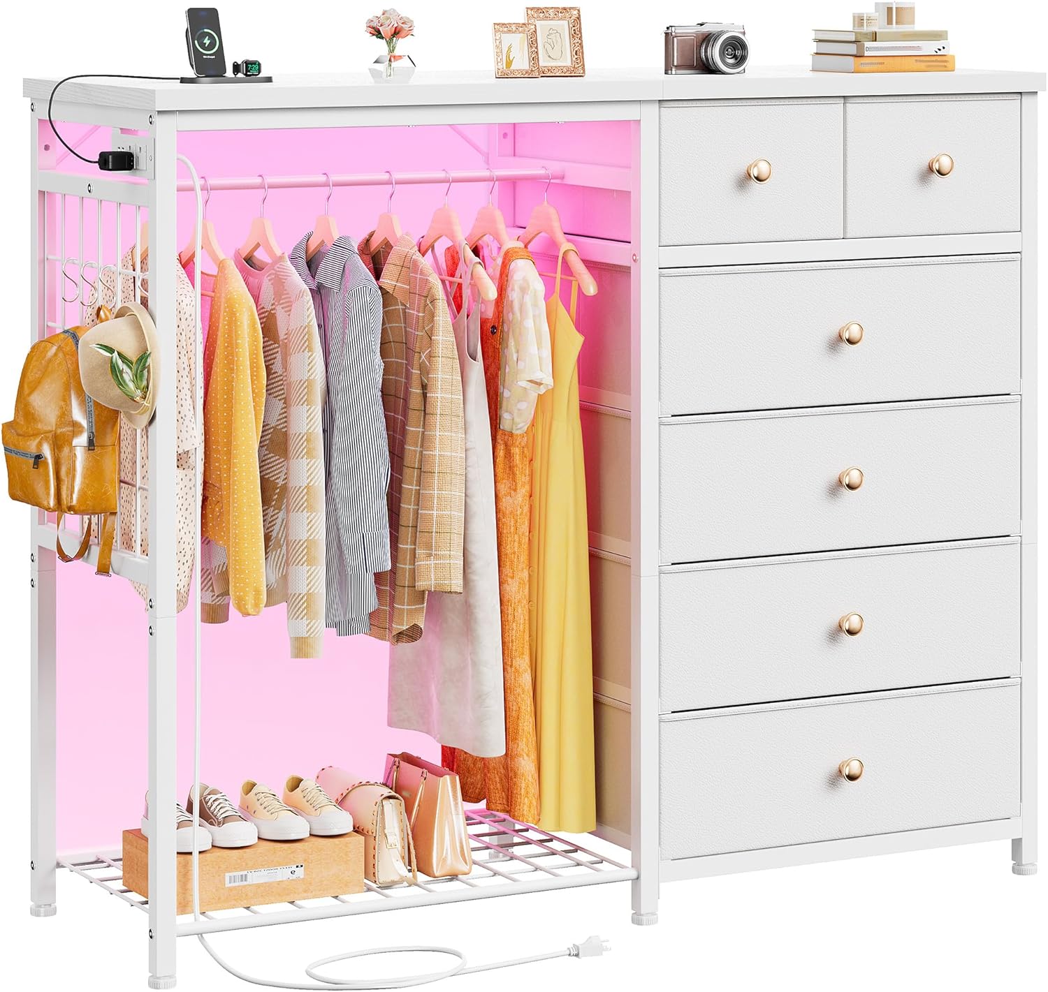 EnHomee 49.2" W White Dresser for Bedroom with Hanging Rack, 6 Drawers Dresser with LED Lights & Charging Station, Fabric Dressers & Chest of Drawers with Rack, Wooden Top, Grid Panel - Image 8