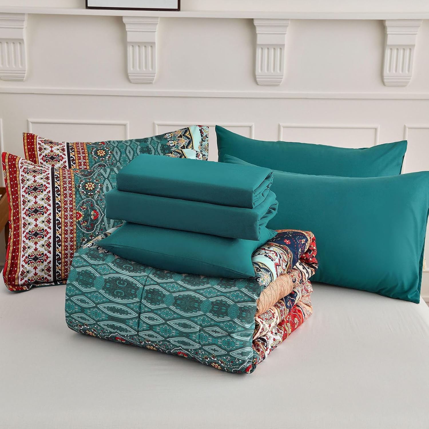 Cottolester Boho Queen Size Comforter Set 8 Pieces,Green and Brown Bohemian Striped Bed in a Bag,Floral Soft Microfiber Bedding Comforter Set - Image 6