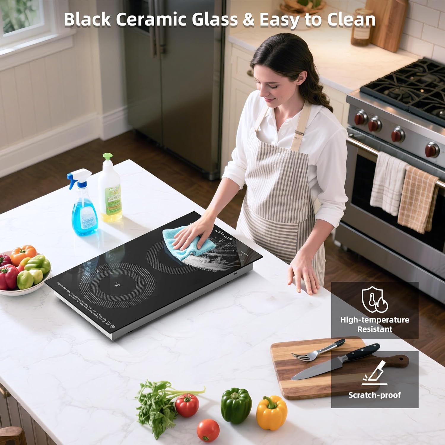 Electric Cooktop 2 Burners 110V~120V, 12'' Plug in Electric Stove Top,Countertop or Built-in,Ceramic Glass,Sensor Touch Control,Timer,9 Power Levels,Portable,1800W - Image 9