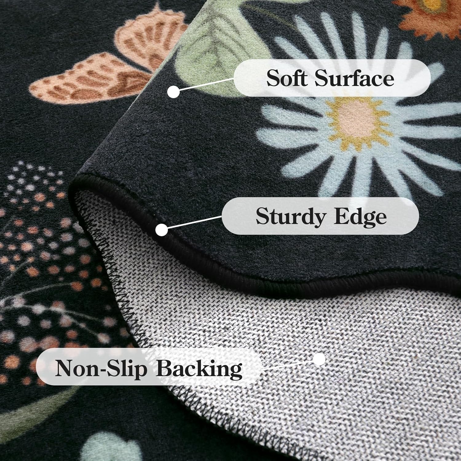 Lahome Floral Rugs for Living Room, 5x7 Area Rugs Ultra-Thin Soft Washable Rug, Non-Slip Bedroom Rug Stain Resistant Lightweight Boho Low-Pile Throw Carpet for Dining Room Office (5x7ft,Black/Grey) - Image 6