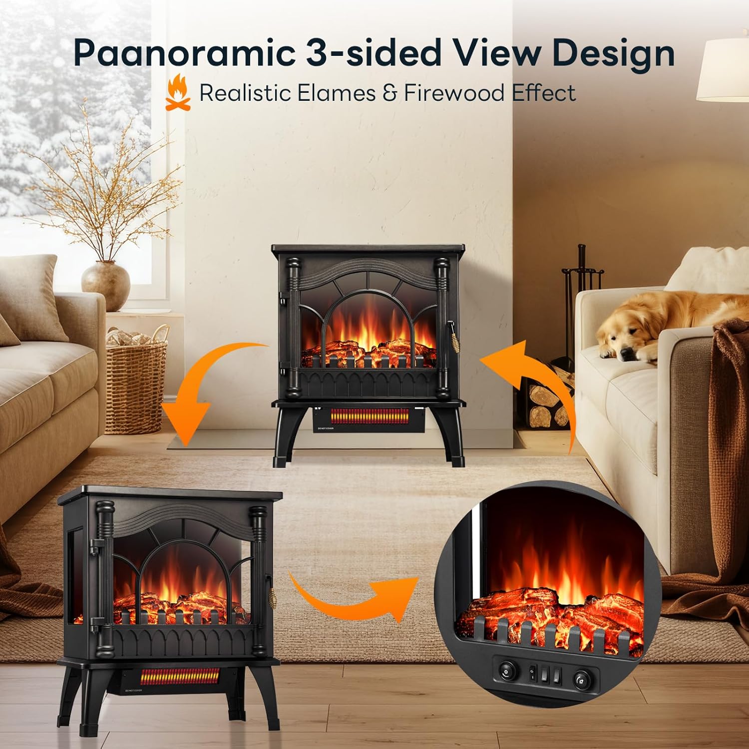 ZAFRO Freestanding Electric Fireplace Stove with Realistic Flame, 5100 BTU Electric Fireplace Heater with Retro Design, 1000W/1500W, Dual Safety Protection for Living Room, Bedroom - Image 6