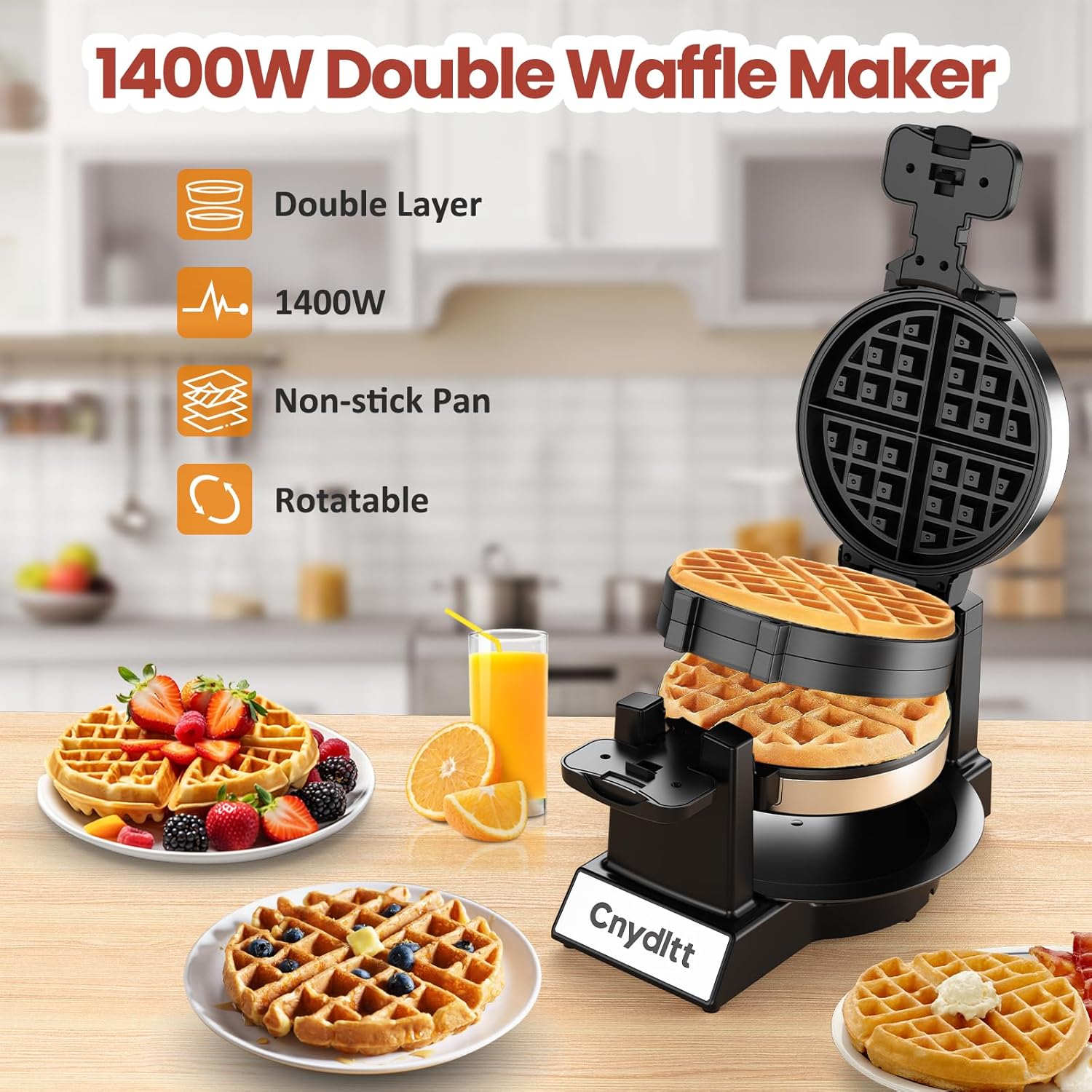 Double Waffle Maker, 1400W Rotating Belgian Waffle Iron with Nonstick Plates, 180° Flip, 8-Slice, Removable Drip Tray, Locking Lid & Cool Touch Handles, Stainless, Black - Image 2
