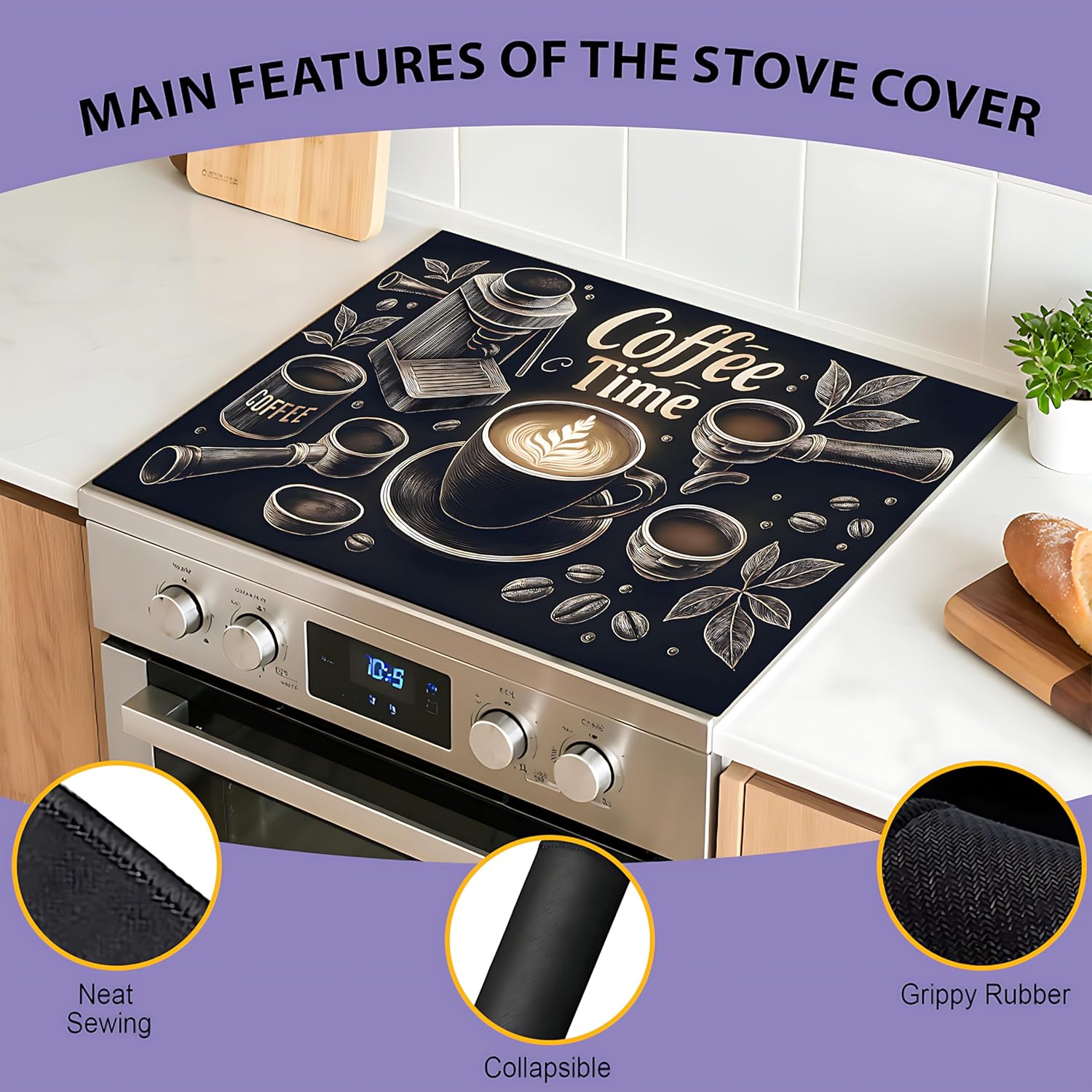 Stove Top Cover for Electric Stove: Coffee Time Themed Stove Cover, 28" x 20" - Counter Protection for Kitchen - Image 3