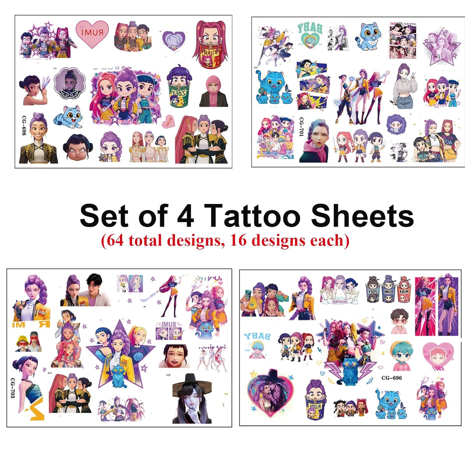 4Sheet 64Design K-Pop Temporary Tattoos For Kids - 64Pcs Anime Movie Cartoon Temporary Tattoos Stickers for Party Favors Girl Boys Home Activity Class Prizes Carnival Christmas Rewards - Image 2