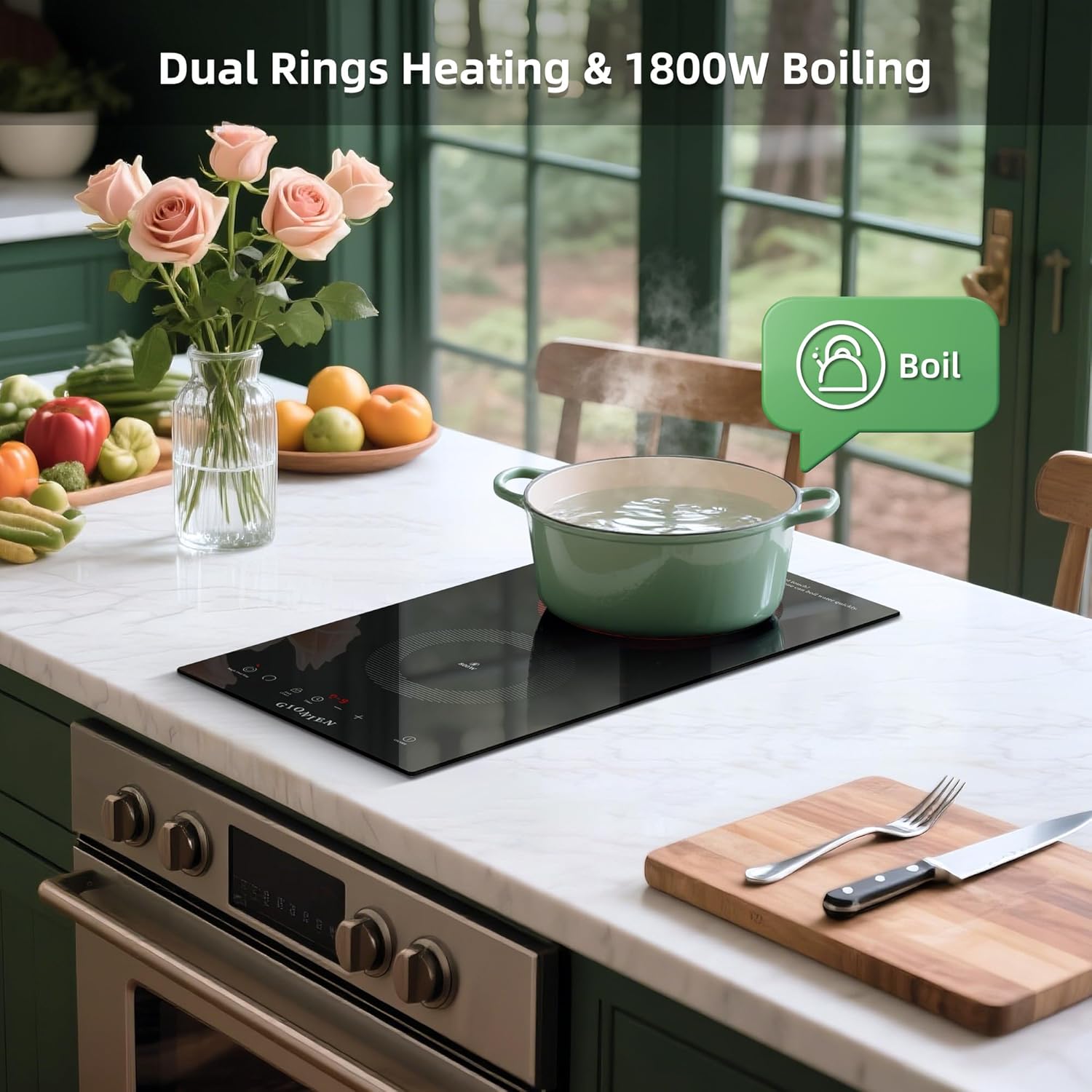 Electric Cooktop 2 Burners 110V~120V, 12'' Plug in Electric Stove Top,Countertop or Built-in,Ceramic Glass,Sensor Touch Control,Timer,9 Power Levels,Portable,1800W - Image 3