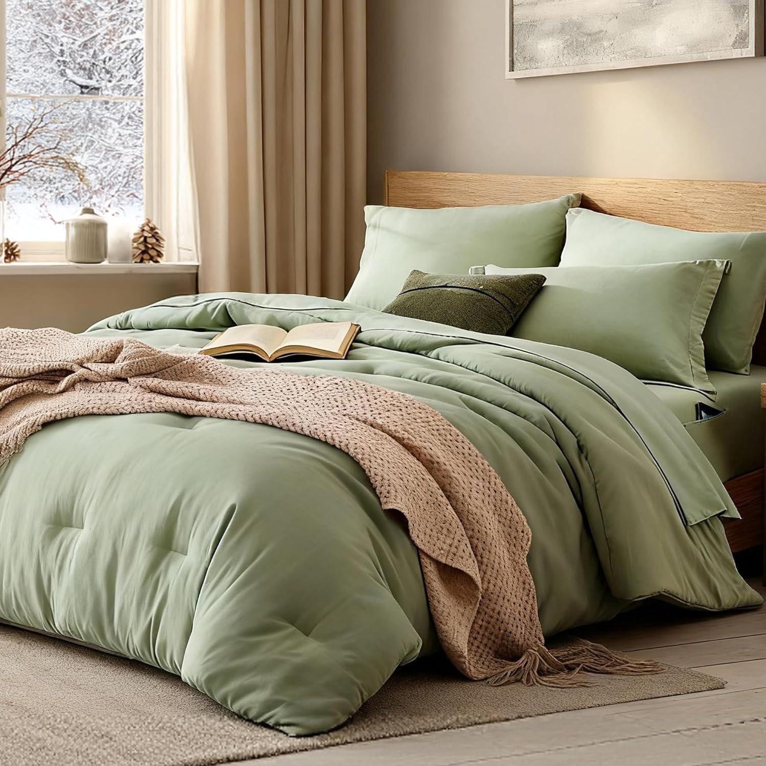 WRENSONGE Queen Comforter Set – 7 Pieces Sage Green Soft Bed in a Bag Queen with Fitted Sheet, Flat Sheet, 2 Pillow Shams, and 2 Pillowcases- Warm Bedding Sets Queen for All Season