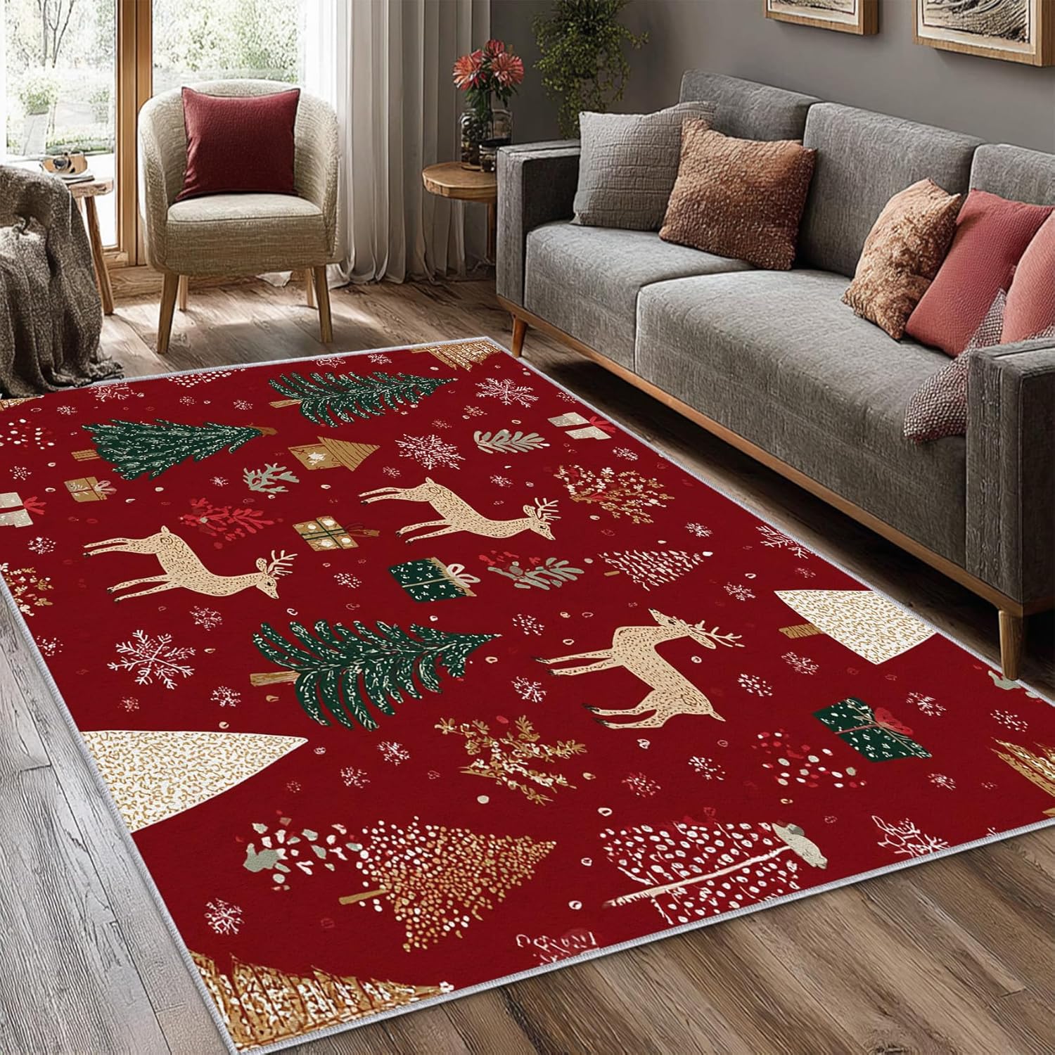 Washable 5x5 Christmas Rug Living Room, Reindeer Xmas Tree Holiday Theme Design Area Rugs for Bedroom, Christmas Home Decor Carpet, Low Pile, Non Slip, Kids & Pet Friendly (I0548) - Image 2