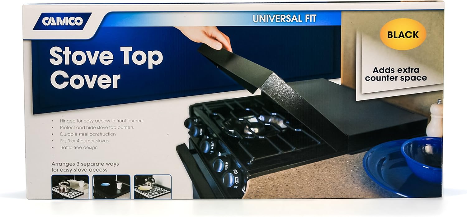 Camco Camper/RV Stove Top Cover | Features Hinged Design for Easy Access to Front Burners & Fits Most 3 or 4 Burner RV/Boat Stoves | Crafted of 20-Gauge Steel w/Powder-Coated Finish | Black (43554) - Image 8